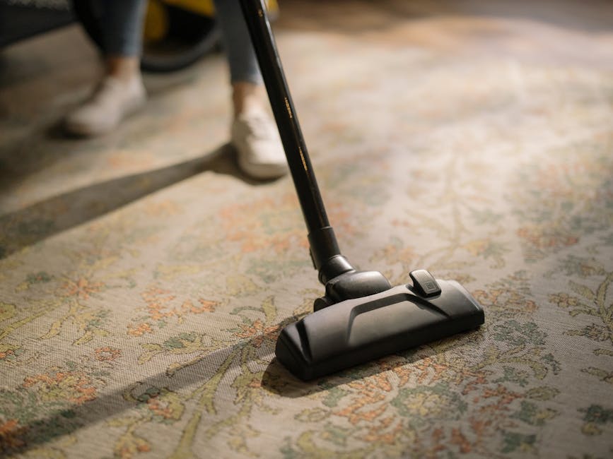 Close-up of a person vacuuming a patterned area rug with a black and gray vacuum cleaner nozzle, in a well-lit room, demonstrating surface cleaning and deep cleaning techniques. The room features hard